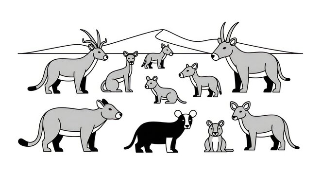 Black and white illustration of donkeys.