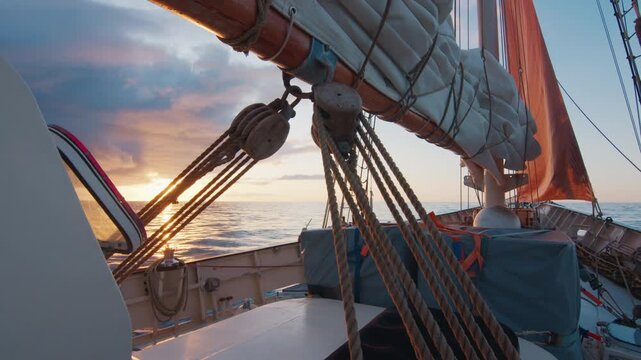 Big sailing boat moves in the Atlantic Ocean under the sails