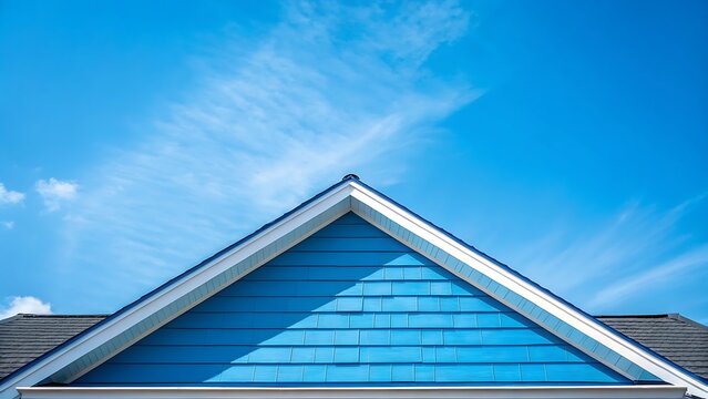 Bright blue house gable and roof siding contrasted against a clear sunny blue sky with wispy clouds