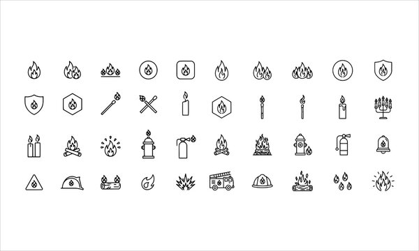 Set outline icons related to fire, flame. Linear icon collection. Editable stroke. Vector illustration