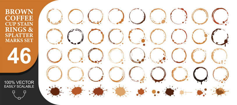 Brown coffee cup stain rings and splatter marks set for adding realistic beverage effects or distressed textures to culinary designs.