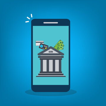 Mobile banking app icon set, smartphone bank building financial service
