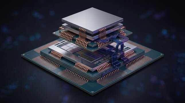 Close-up view of a modern computer chip with multiple layers, showcasing intricate circuits and advanced technology.