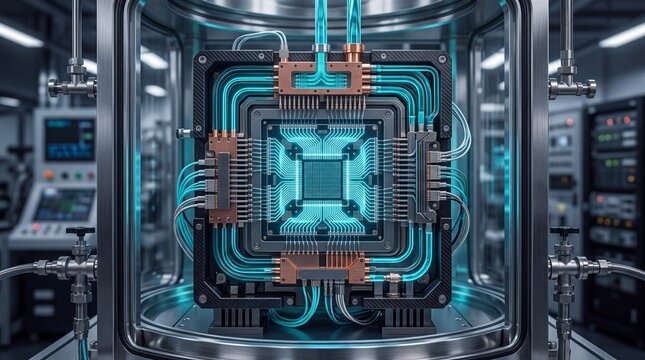 Close-up view of a modern quantum computer showcasing intricate circuitry and cooling systems in a high-tech environment.