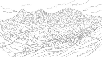 Obraz premium Detailed Line Art Panorama of Majestic Alpine Mountains with Valleys, Forests, and Tiny Villages, Isolated Vector Illustration