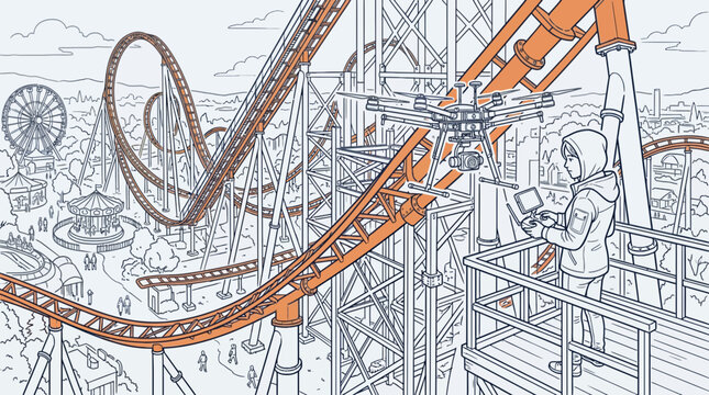 Drone operator films amusement park roller coaster with camera, aerial survey technology and entertainment concept
