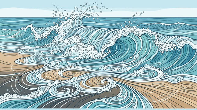 Dynamic Ocean Wave Crashing on Sandy Beach, Artistic Line Art Illustration, Seascape with Swirling Water and Foam