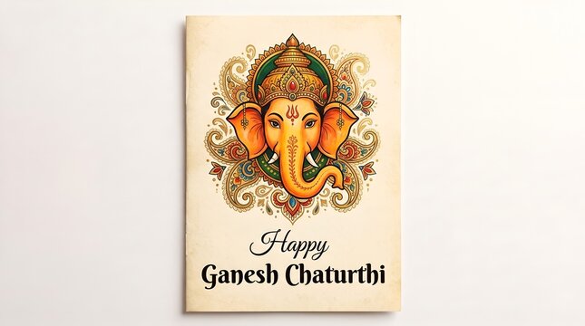 Ornate Ganesh Chaturthi Greeting with Elegant Ganesha Illustration on Cream Background