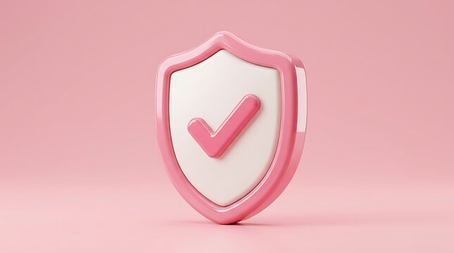 3d render of a pink security shield icon with a check mark inside