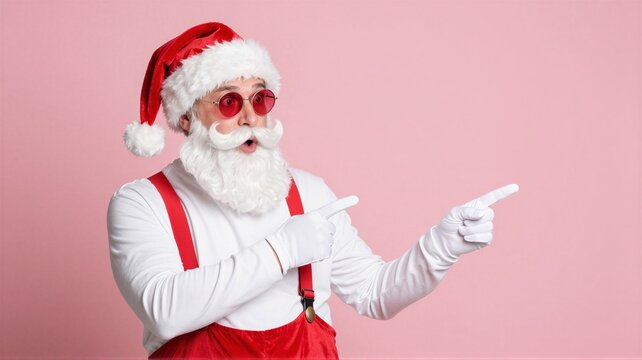 Mature man wearing festive red hat, white beard, red sunglasses, white gloves and suspenders points right against pink background with cheerful holiday energy