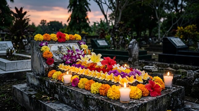 Memorial grave adorned with colorful flowers and lit candles