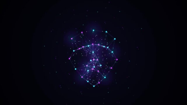 Digital face recognition mesh animation featuring glowing blue and purple nodes connected by lines for modern biometric security video footage