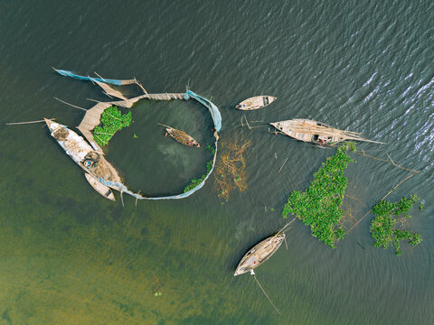 Aerial view of traditional wooden fishing boats navigating a river with circular fishing nets and patches of aquatic vegetation in Narayanganj, Dhaka, Bangladesh.