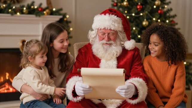 Santa reading festive list to smiling children beside decorated fireplace in cozy Christmas living room with tree, garland, warm lights, and holiday cheer