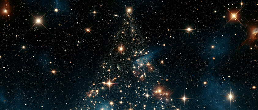 Abstract Sparkly Golden Christmas Tree on Dark Blue Background Horizontal Banner