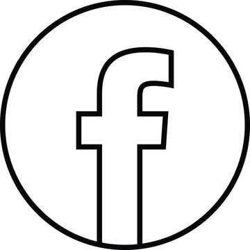 Black and white outline of the facebook social media featuring a stylized letter f inside a circular border on a white background