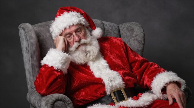 Elderly man in red Santa suit sitting in armchair with thoughtful expression, with santa, santaclaus, elderly, older detail