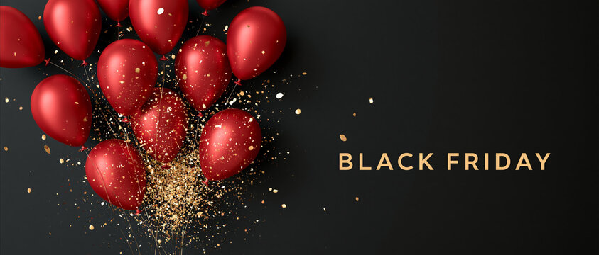 Red Balloons Black Friday Sale Promotion Dark Background Horizontal Banner