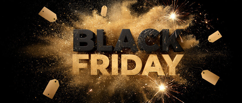 Black Friday Sale Gold Dust Explosion Dark Background Horizontal Banner