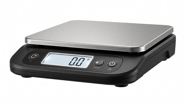 Digital kitchen scale with stainless steel platform, electronic food weighing device, modern black plastic postal scale for precise measurement isolated PNG with Transparent Background