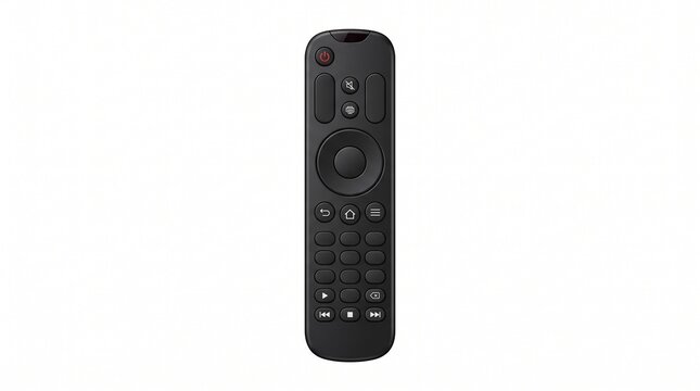 Modern black smart TV remote control, wireless television controller with voice command button, sleek digital media player accessory isolated PNG with Transparent Background