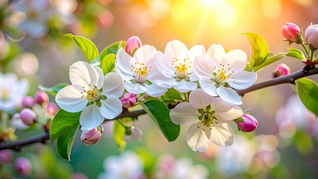 Close-up of apple blossoms with white flowers and pink buds on a tree branch, bathed in golden sunlight during spring.