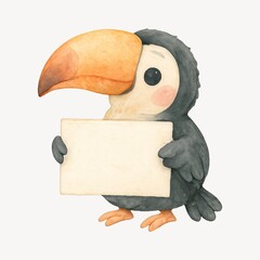 Fototapeta premium Cute toucan holding blank sign.
