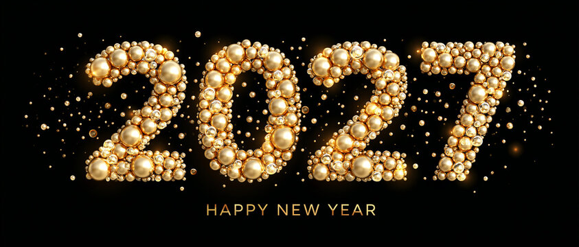 2027 Golden Glitter Sparkles Black Background New Year Horizontal Banner