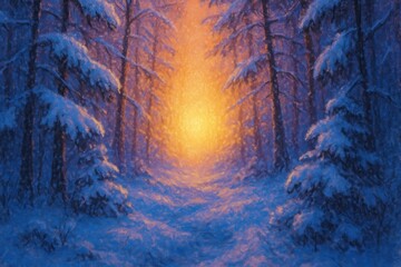 Fototapeta premium Serene snowy forest sunrise glow.
