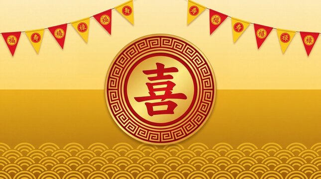 Little boy and gril with Chinese vegetarian festival and asian elements on yellow background. Chinese translation