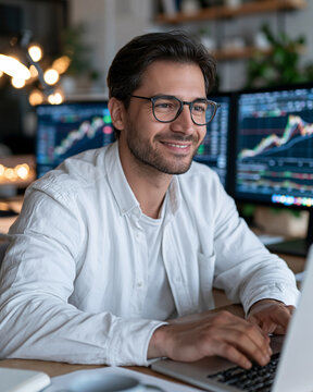 Confident trader smiles while analyzing financial charts. Hands rest on keyboard, ready to act. Bright screens display upward-trending markets. Modern office feels calm and focused