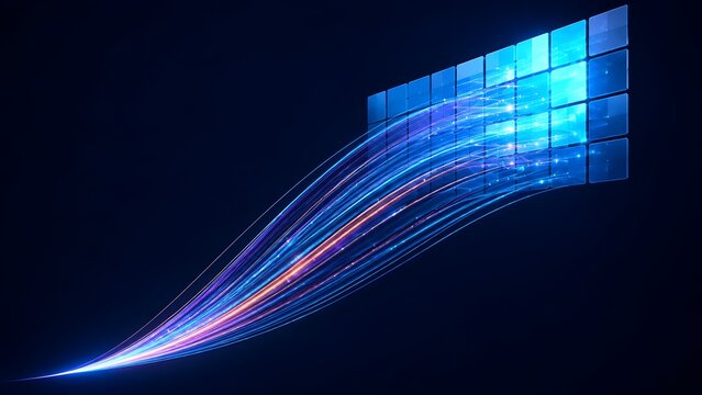 Luminous Fiber Optic Data Stream Ingesting Into Glass Cloud Server Matrix
