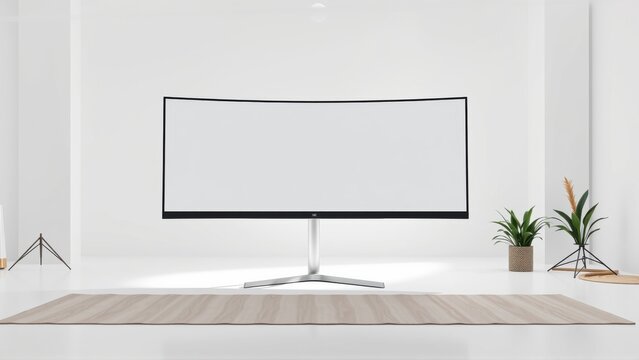 Minimalist interior features curved monitor, rug, plants. Clean white walls create spacious modern aesthetic. Simple design.