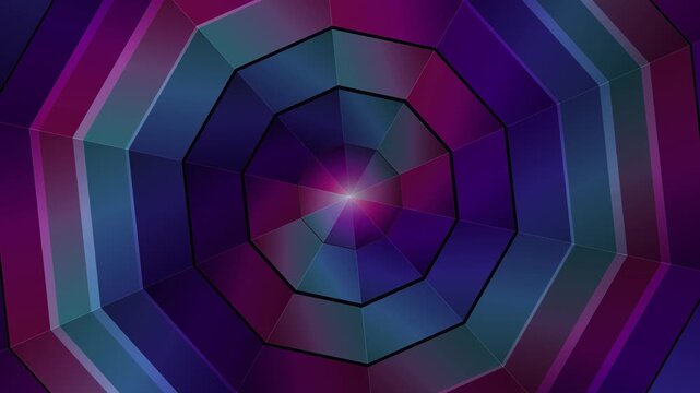 Seamless looping geometric background with glowing purple and teal octagonal tunnel