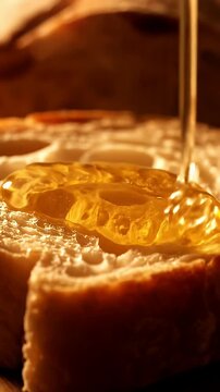 Honey dripping onto fresh crusty bread slice.