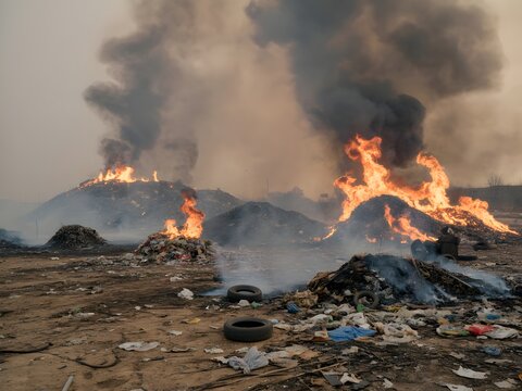 Massive piles of burning garbage and tires creating thick black smoke plumes