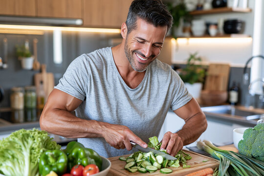 Man smiles while chopping fresh vegetables at home. He wears a casual gray t-shirt. Wooden cutting board holds green cucumbers. Bright kitchen lights illuminate the scene