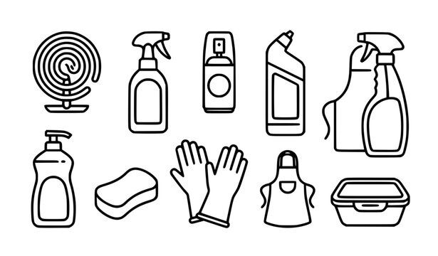 Household bathroom and laundry essentials outline vector set with spoon coffee cup plastic cup tissue box soap dish toothbrush holder clothesline clothespin mirror and mosquito swatter