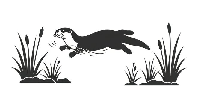 Otter swimming in aquatic plants underwater.