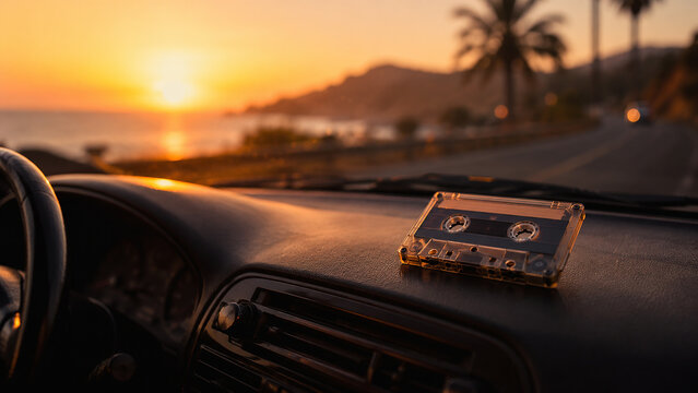 Vintage Cassette Tape Resting on a Car Dashboard During Sunset Coastal Drive