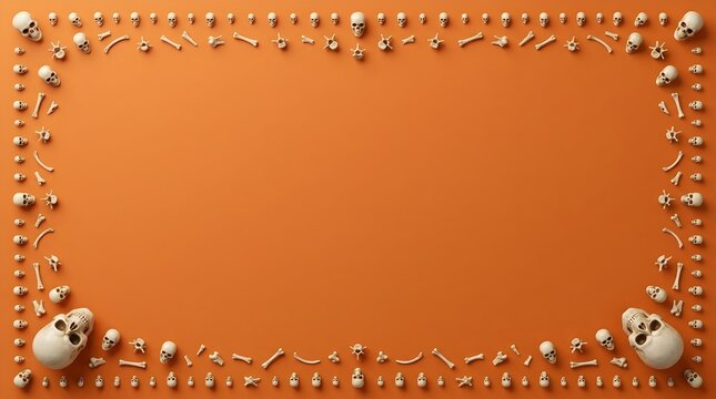 Halloween border frame made of human skulls and bones on an orange background