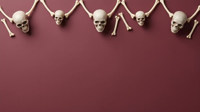 Human skulls and bones border arrangement on a dark red background for Halloween design.