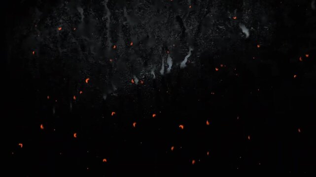 Dark background with falling glowing embers and fiery particles