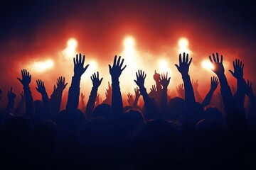 Naklejka premium Energetic Audience Lifting Hands to Stage Lights at a Lively Atmospheric Outdoor Music Concert