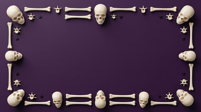 Skeletal border of skulls and bones arranged on a dark purple background