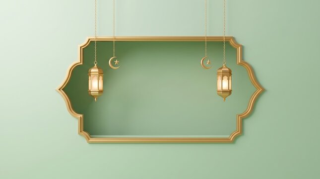 Golden ramadan lanterns and crescent moons hanging in an ornate frame on a pastel green wall