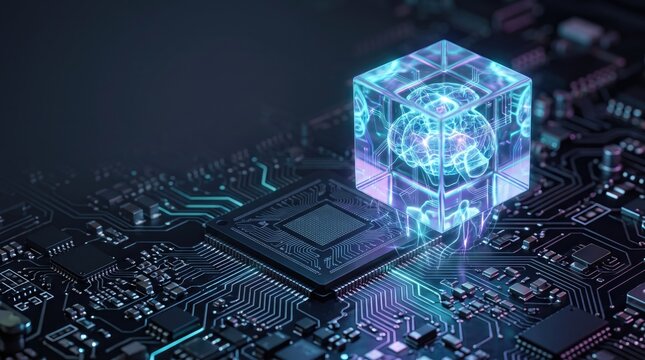 Futuristic digital technology concept with a glowing cube on a circuit board, symbolizing innovation and connectivity.
