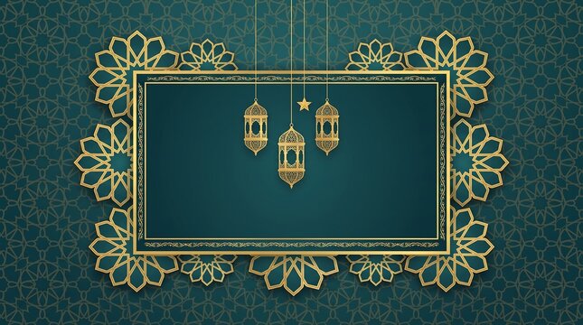 Golden islamic lanterns and ornate frame on a dark teal geometric patterned background for Ramadan celebrations