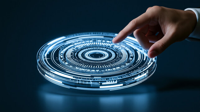 human hand interacting with a floating futuristic digital interface, artificial intelligence and digital transformation concept, realistic commercial photography blended with subtle holographic