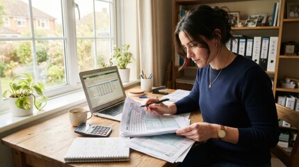 Fototapeta premium Woman working at home office desk with laptop, papers, and calculator, natural light